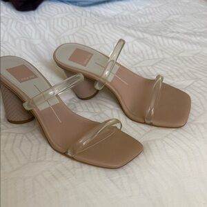 DV by Dolce Vita Nude Blush Square-Toe Block Heels with Clear Straps